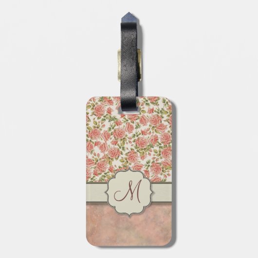  roze rozen en marmer met monogram bagagelabel (Achterkant verticaal)