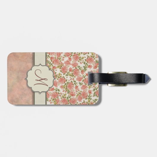  roze rozen en marmer met monogram bagagelabel (Achterkant horizontaal)