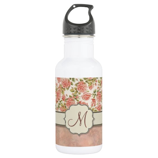  roze rozen en marmer met monogram waterfles  (Voorkant)