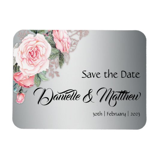 Roze rozen en metaalzilver Save the Date Magneet (Horizontaal)