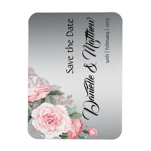 Roze rozen en metaalzilver Save the Date Magneet (Verticaal)