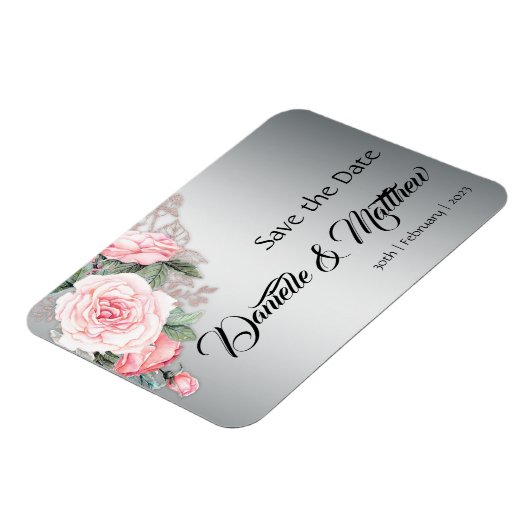 Roze rozen en metaalzilver Save the Date Magneet (Linkerzijde)