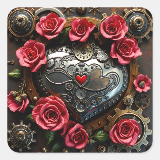 Roze rozen en metalen hart en tandwielen Steampunk Vierkante Sticker (Voorkant)