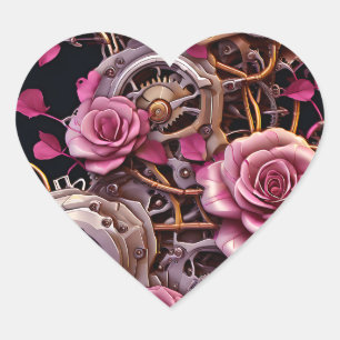 Roze Rozen en Metalen Tandwielen Steampunk Hart Sticker