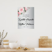 Roze rozen en metalen zilveren bruiloft Welkom Poster (Keuken)