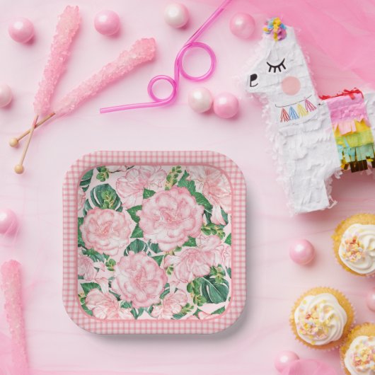 Roze Rozen en Monstera Elegant 7in Zomerfeest Papieren Bordje (Feest)