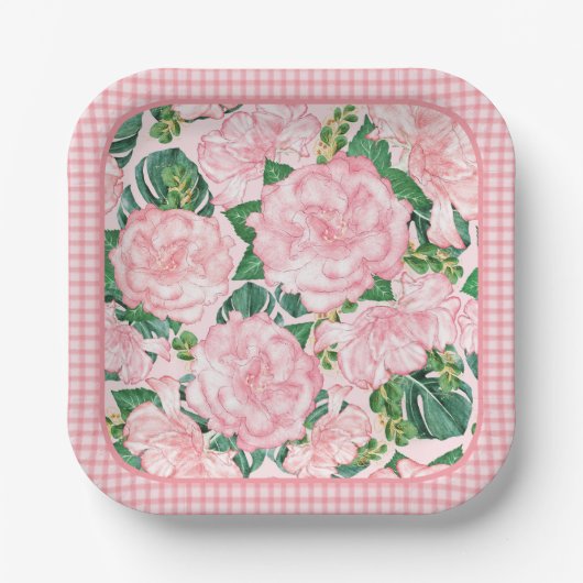 Roze Rozen en Monstera Elegant 7in Zomerfeest Papieren Bordje (Voorkant)