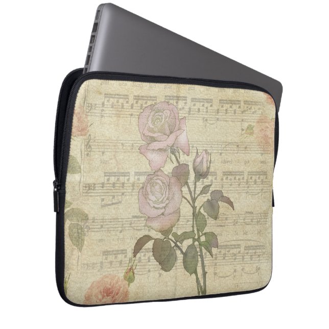  roze rozen en muziekscore laptop sleeve (Voorkant Rechts)
