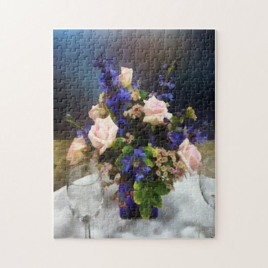 Roze rozen en paarse delfiniums legpuzzel (Verticaal)