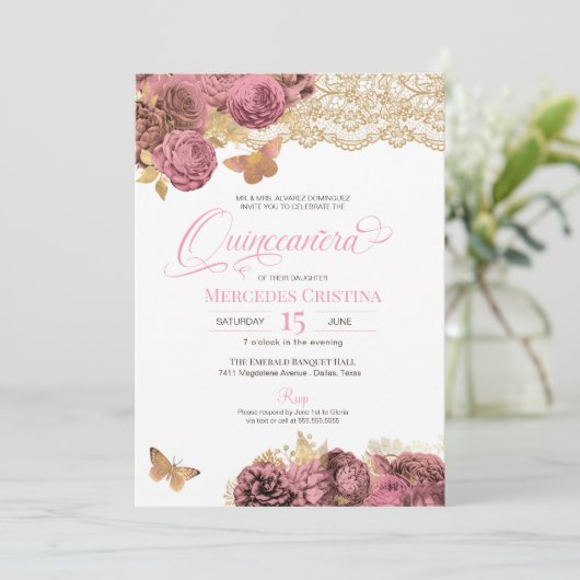 Roze rozen en paling Gold Butterfly Quinceañera Kaart (Staand voorkant)