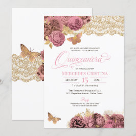 Roze rozen en paling Gold Butterfly Quinceañera Kaart