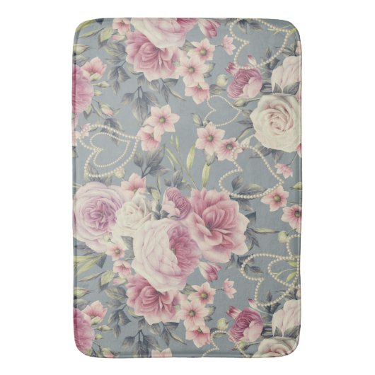 roze rozen en parelharten grijs patroon badmat (Voorkant Verticaal)