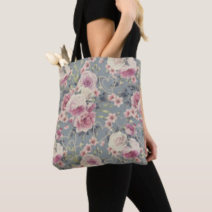 roze rozen en parelharten grijs patroon tote bag