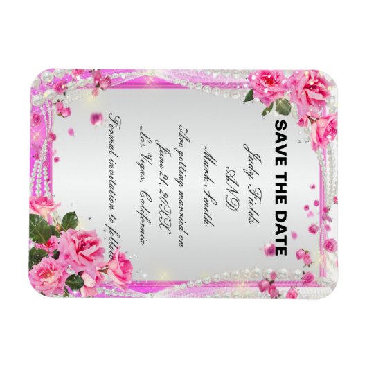 Roze rozen en parels bewaren de datum magneet (Horizontaal)