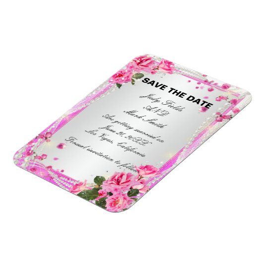Roze rozen en parels bewaren de datum magneet (Linkerzijde)