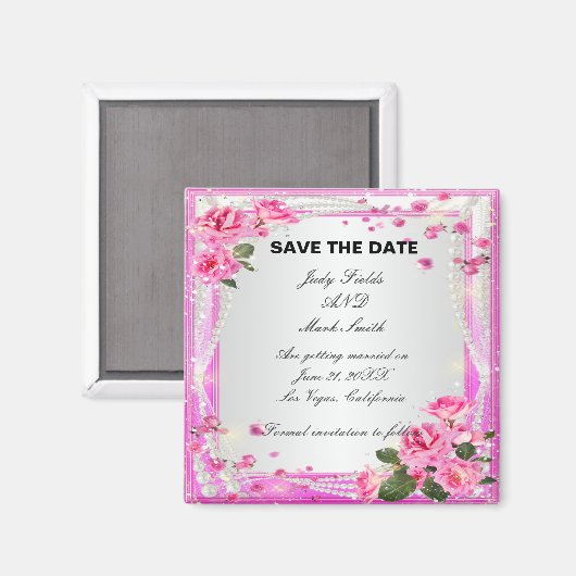 Roze rozen en parels bewaren de datum magneet (Voorkant / Achterkant)