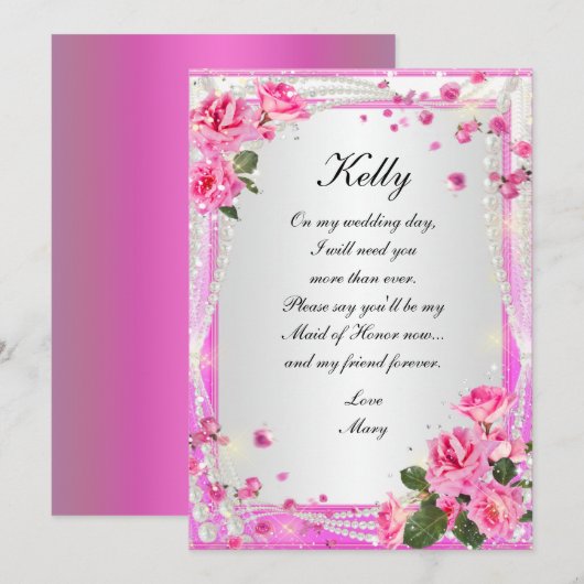 Roze Rozen en Parels Bruidsmeisje kaart (Voorkant / Achterkant)