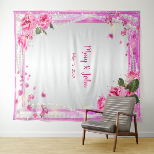 Roze rozen en parels bruiloft achtergrond wandkleed (In Situ (horizontaal))