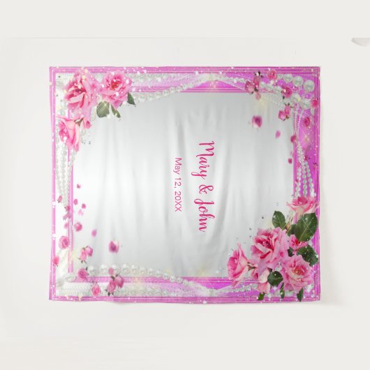 Roze rozen en parels bruiloft achtergrond wandkleed (Voorkant (horizontaal))