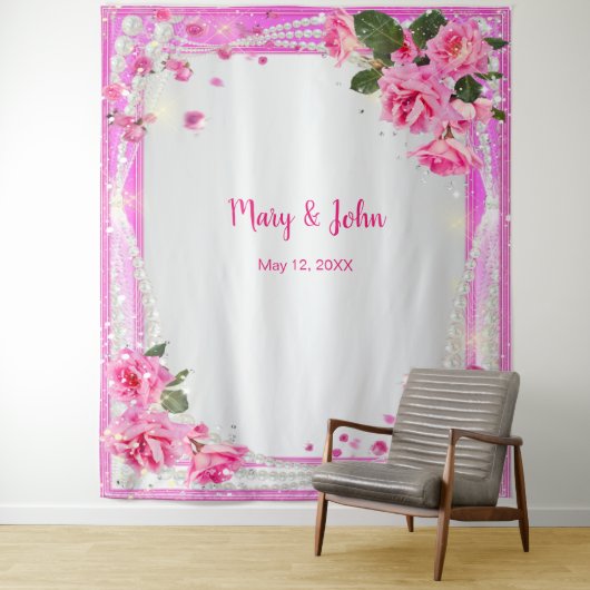 Roze rozen en parels bruiloft achtergrond wandkleed (In situ)