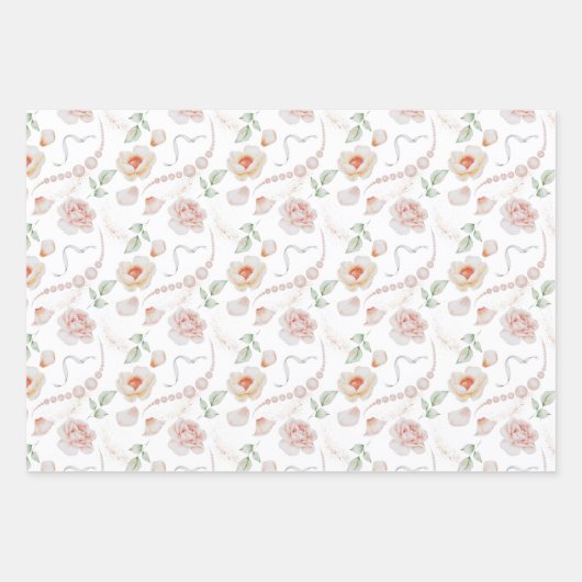 Roze Rozen en Parels Bruiloftswaterverf Inpakpapier Vel (Voorkant 2)