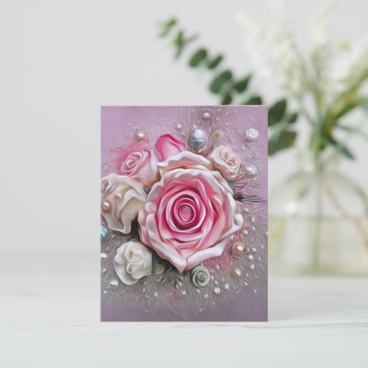 Roze rozen en parels informatiekaartje (Staand voorkant)