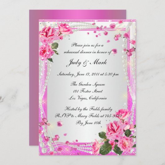 Roze rozen en parels repetitie diner uitnodiging (Voorkant / Achterkant)