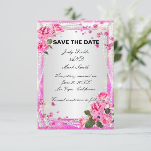 Roze rozen en parels slaan de Kaart Datum op (Staand voorkant)