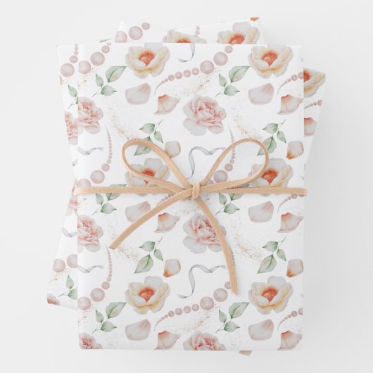 Roze Rozen en Parels Trouw Waterverf Inpakpapier Vel (In situ)