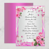 Roze rozen en parels vrijgezellenfeest uitnodigen kaart (Voorkant / Achterkant)