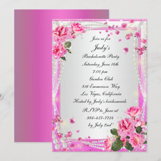 Roze rozen en parels vrijgezellenfeest uitnodigen kaart (Voorkant / Achterkant)