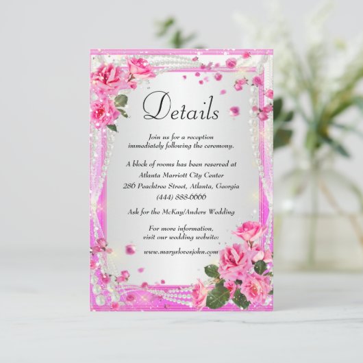 Roze rozen en parelsnoeren informatiekaartje (Staand voorkant)