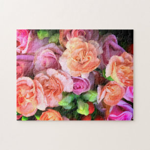 Roze rozen en peach Carnaties Bouquet Legpuzzel
