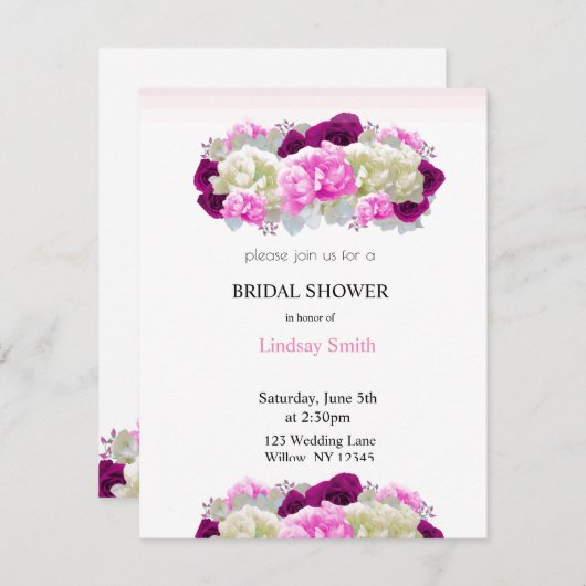 Roze rozen en Peony Bridal Shower Invitation Kaart (Voorkant / Achterkant)