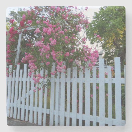 Roze rozen en Picket Fence - Martha's wijngaard Stenen Onderzetter (Voorkant)