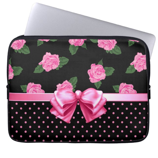 Roze rozen en pooldots laptop sleeve (Voorkant)