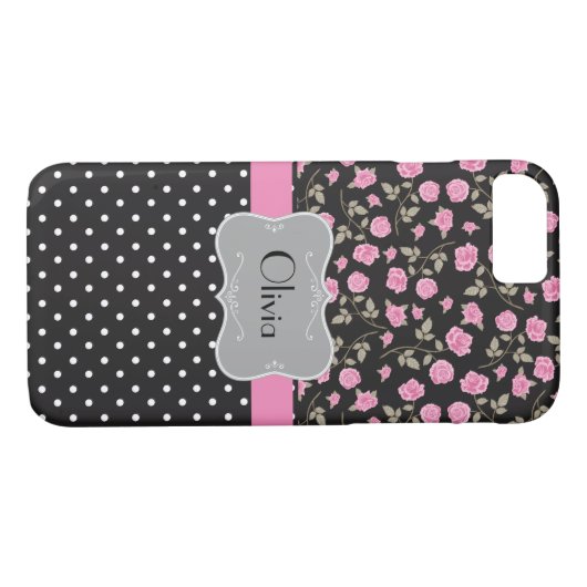 Roze rozen en pooldots op zwart - Case-Mate iPhone case (Achterkant (Horizontaal))
