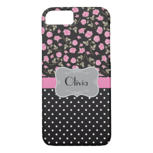 Roze rozen en pooldots op zwart - 	iPhone 8/7 hoesje