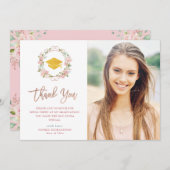 Roze rozen en Roos Gold Script | Foto-Afstuderen Bedankkaart (Voorkant / Achterkant)