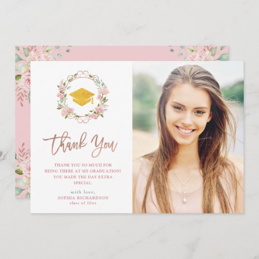 Roze rozen en Roos Gold Script | Foto-Afstuderen Bedankkaart (Voorkant / Achterkant)