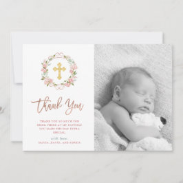 Roze rozen en Roos Gold Script | Fotobaptisme Bedankkaart