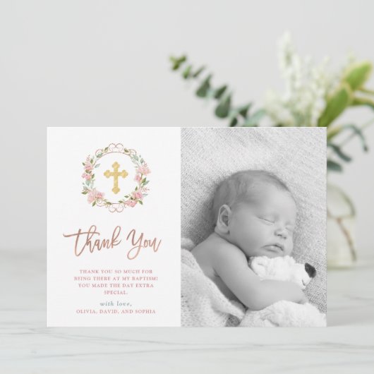 Roze rozen en Roos Gold Script | Fotobaptisme Bedankkaart (Staand voorkant)