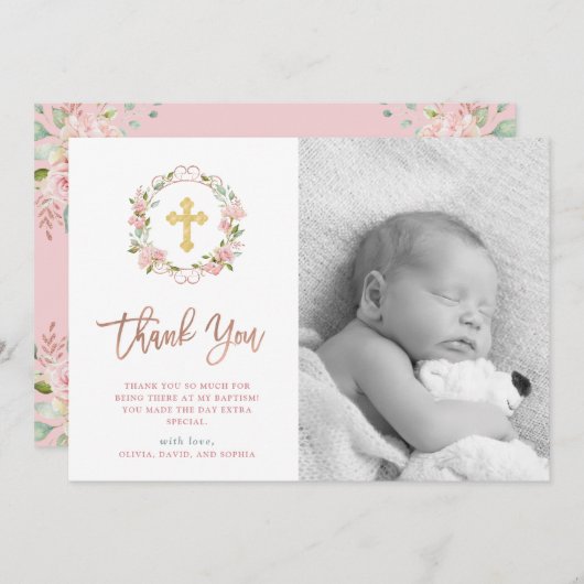 Roze rozen en Roos Gold Script | Fotobaptisme Bedankkaart (Voorkant / Achterkant)