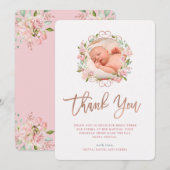 Roze rozen en Roos Gold Script | Fotobaptisme Bedankkaart (Voorkant / Achterkant)