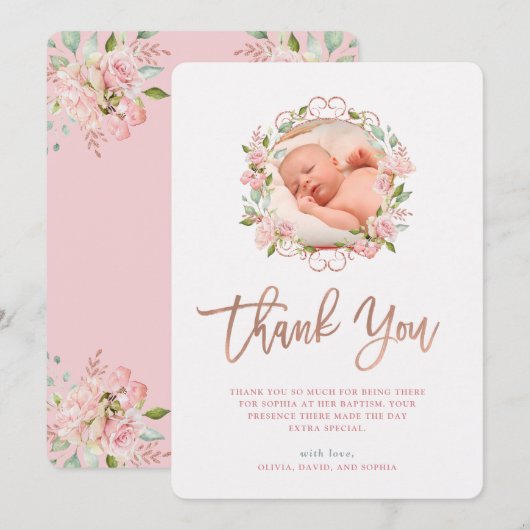 Roze rozen en Roos Gold Script | Fotobaptisme Bedankkaart (Voorkant / Achterkant)