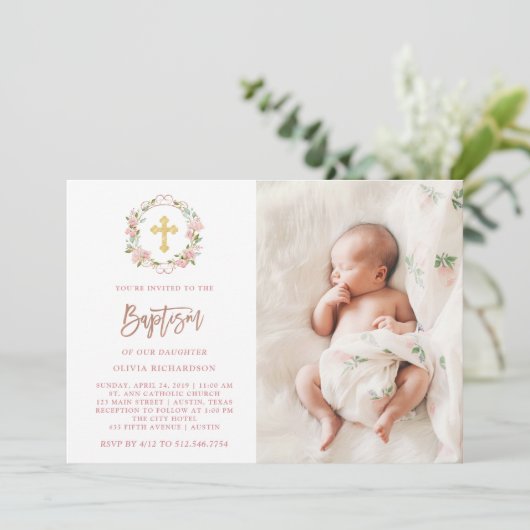 Roze Rozen en Roos Gouden Script | Fotodoop Kaart (Staand voorkant)