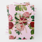 roze rozen en roze strips set van 3 inpakpapier vel (In situ)