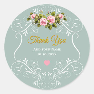 Roze rozen en salie groene bladwijze Bedankt Ronde Sticker