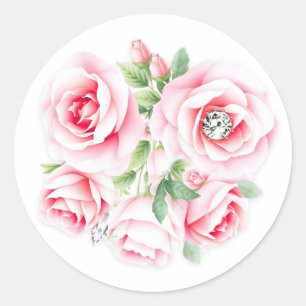 Roze rozen en saliegroene bladgroente bruiloft ronde sticker