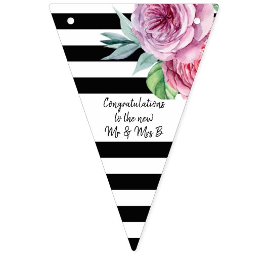 Roze Rozen en Strepen Bloemenbruiloft Vlaggetjes (Eerste vlag)